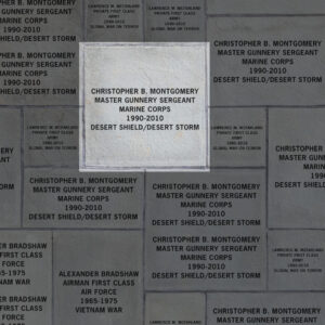 Image indicating a single veteran recognized on a 23x23 inch paver. It demonstrates that the paver includes the veteran's name, rank, branch of service, years of service and theaters in which they served.