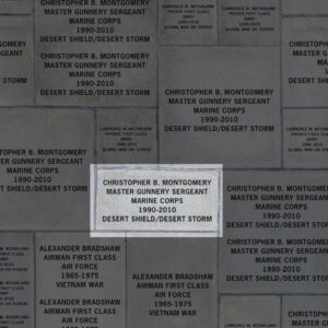 Image indicating a single veteran recognized on a 23x11 inch paver. It demonstrates that the paver includes the veteran's name, rank, branch of service, years of service and theaters in which they served.