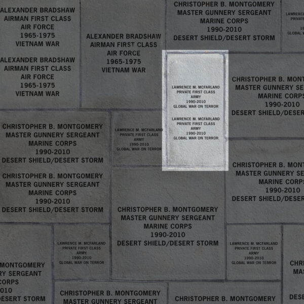 Image indicating two veterans recognized on a 23x23 inch paver. It demonstrates that the paver includes the veterans' name, rank, branch of service, years of service and theaters in which they served.