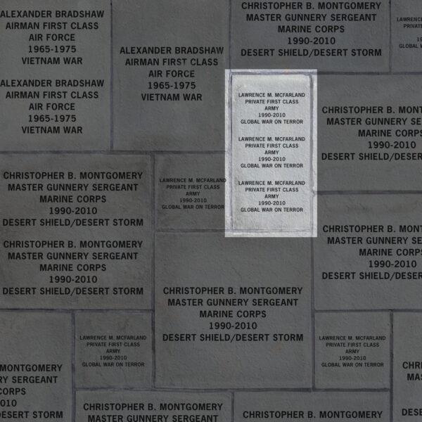 Image indicating three veterans recognized on a 23x23 inch paver. It demonstrates that the paver includes the veterans' name, rank, branch of service, years of service and theaters in which they served.