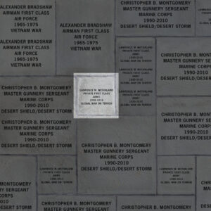 Image indicating a single veteran recognized on an 11x11 inch paver. It demonstrates that the paver includes the veteran's name, rank, branch of service, years of service and theaters in which they served.